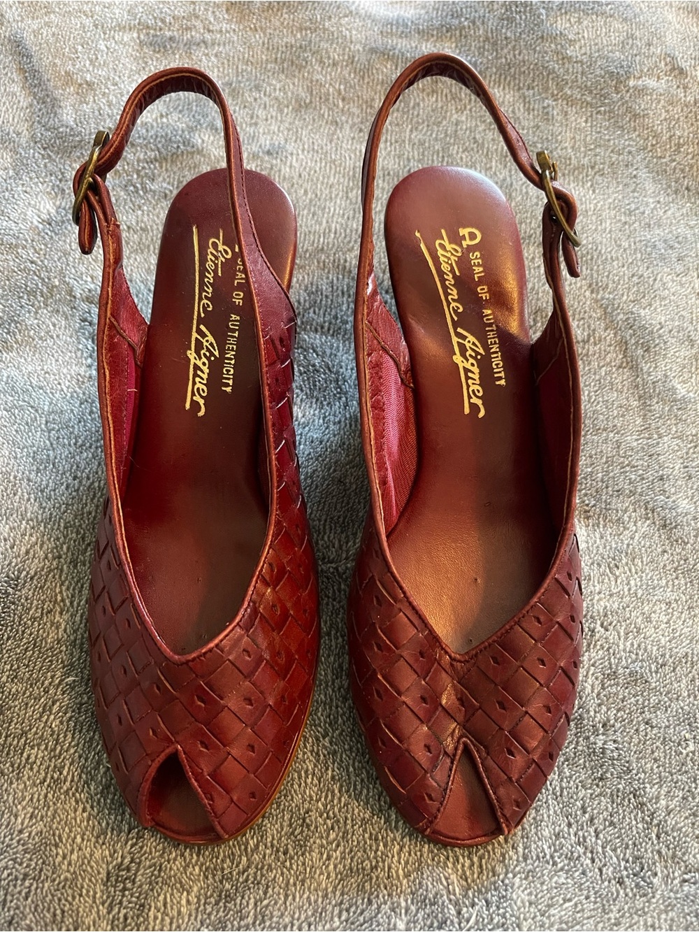 Vintage Etienne Aigner Burgundy Woven Peep-Toe Slingback Mules